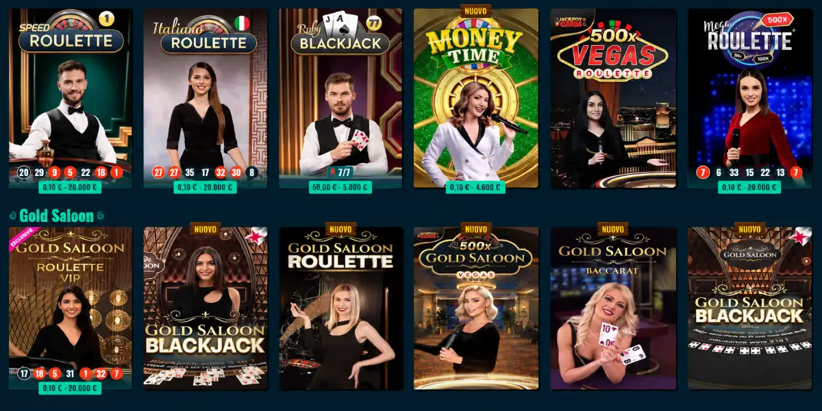 Spinanga Casino giochi live roulette blackjack e tavoli Gold Saloon